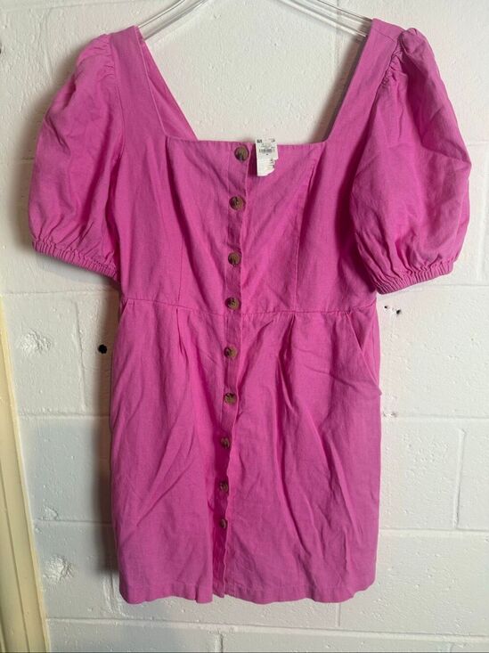 Old Navy Dresses & Skirts - Old Navy NWT Women’s M Vivid Begonia Pink Linen Blend Puff Sleeve Button Front M